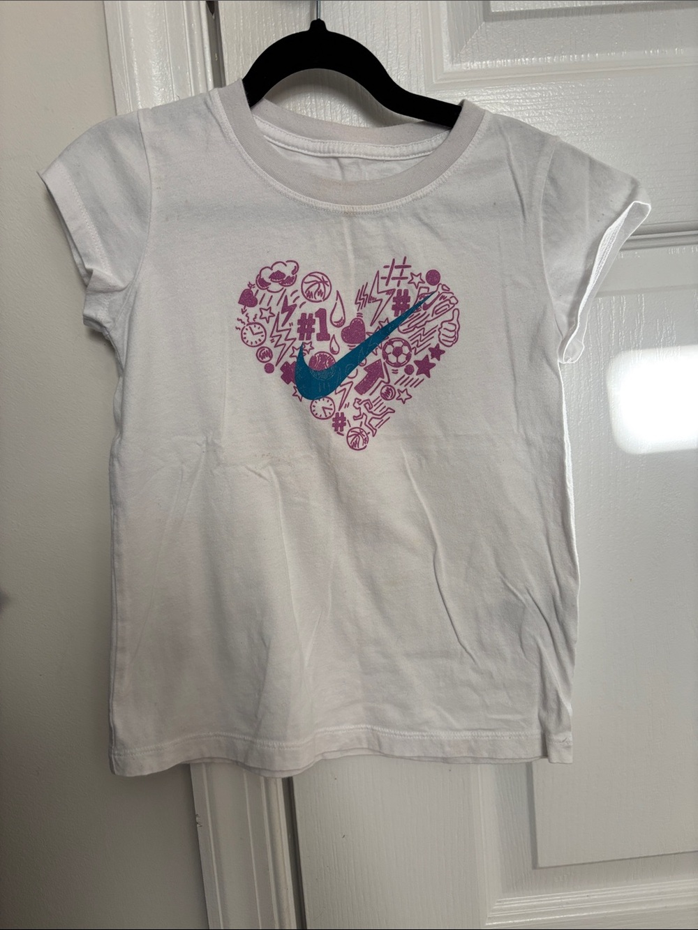 Nike White Girls' Short Sleeve Tee with Pink Heart Graphic and Teal Swoosh